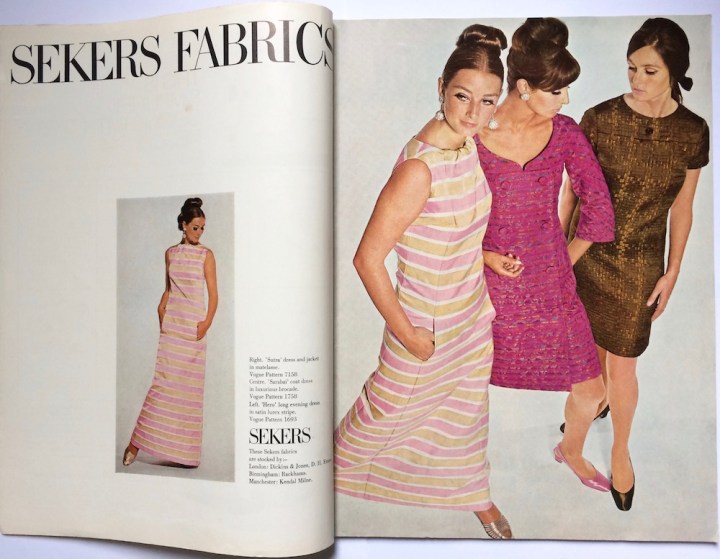 Tania Mallet wears Vogue 1693 by Federico Forquet in striped lurex (with Vogue 1758 by Ronald Paterson and Vogue 7158)