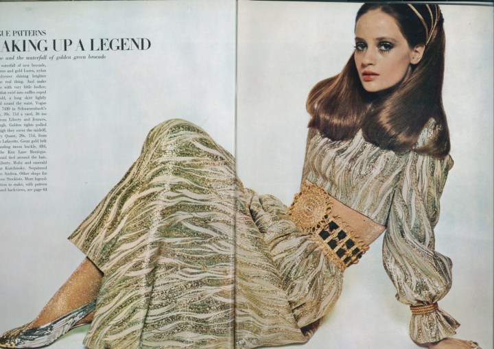 Celia Hammond in Vogue 7430 loungewear, Kenneth Jay Lane belt, and Mary Quant tights, photographed by David Bailey, 1968