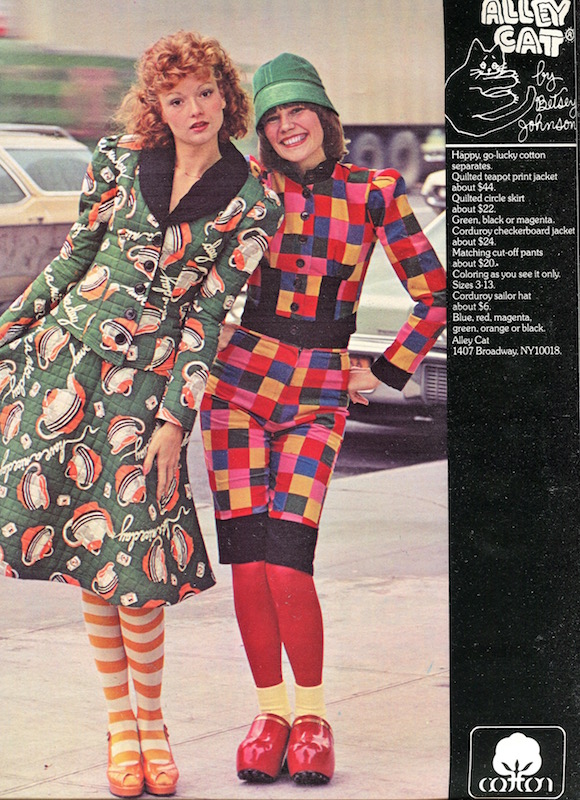 Cotton ad feat. Alley Cat by Betsey Johnson in Seventeen magazine, August 1973