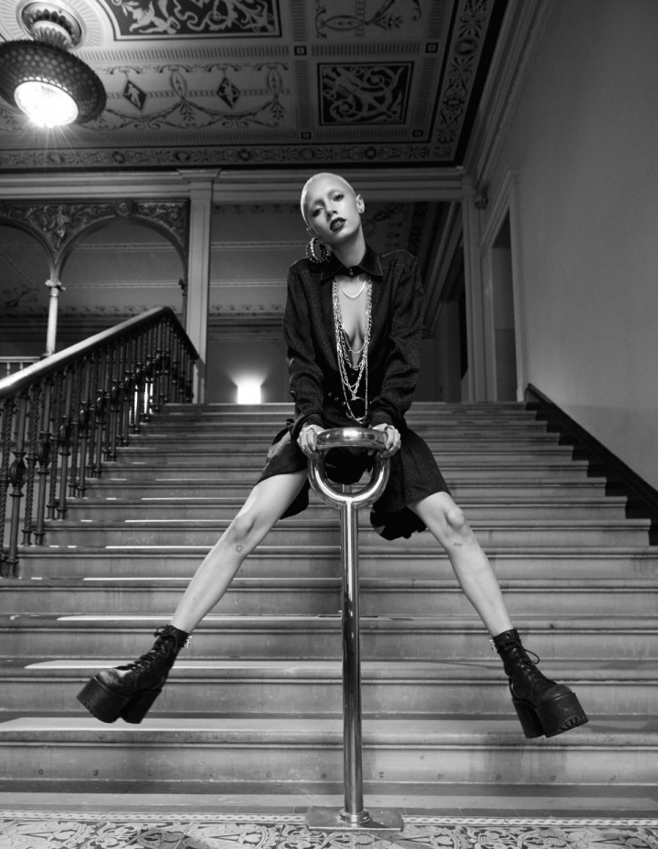 At the V&A in the Alyx pleat dress. Photo: Britt Lloyd. Model: Jazzelle Zanaughtti