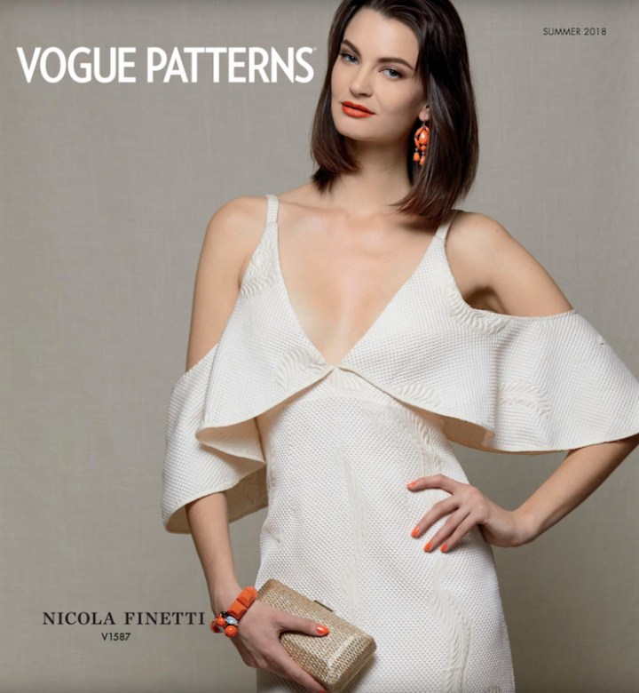 Nicola Finetti dress V1587 on the cover of Vogue Patterns lookbook, Summer 2018