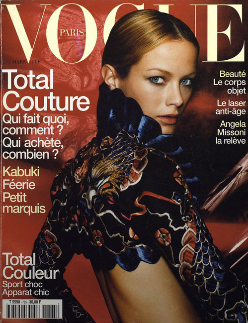 Carolyn Murphy photographed by Mario Testino in Spring 1998 Givenchy Couture by Alexander McQueen, Vogue Paris March 1998 cover