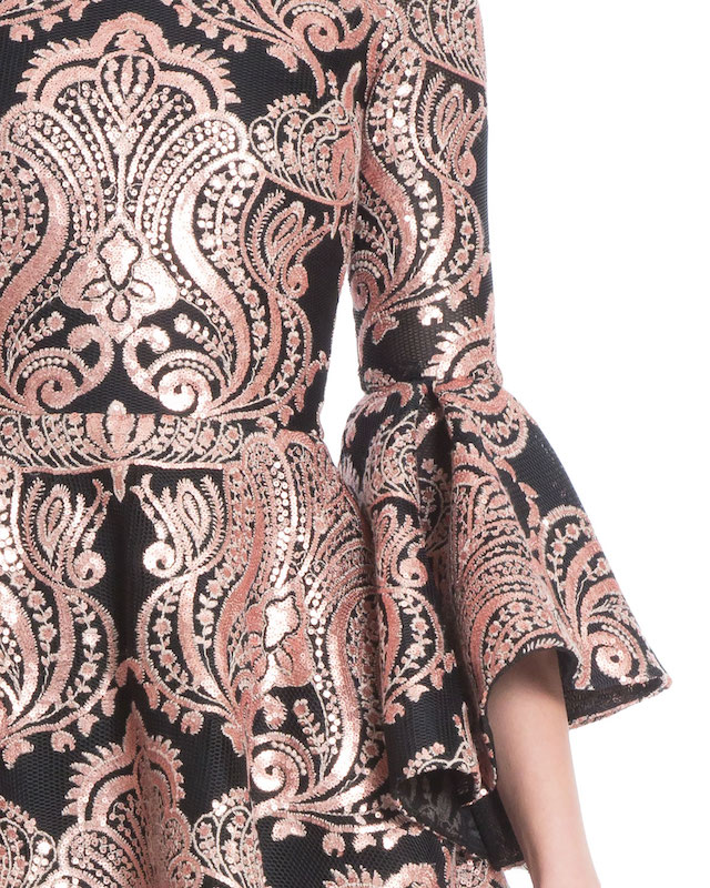Detail, bell sleeve brocade cocktail dress by Badgley Mischka