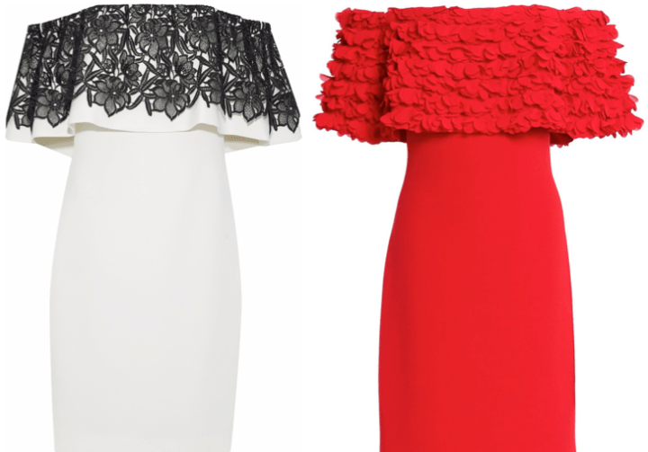 Guipure lace and appliqué details on two dresses from Badgley Mischka