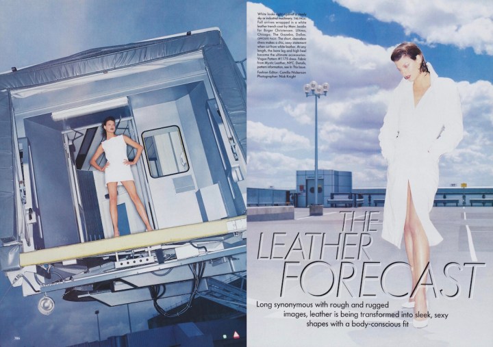 Long synonymous with rough and rugged images, leather is being transformed into sleek, sexy shapes with a body-conscious fit (Left: Vogue Patterns; right: Marc Jacobs for Birger Christensen.) Vogue, October 1994 Photo: Nick Knight.