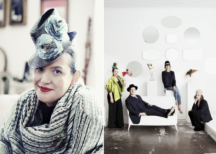 Milliner Cristina De Prada photographed by Germán Saiz in Paco Peralta's designs, 2013. Right: with Stephen Jones, Mabel Sanz, and Fátima de Burnay