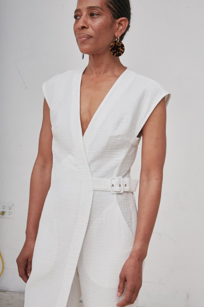 Giannie Couji wears Rachel Comey's Steadfast jumpsuit in white
