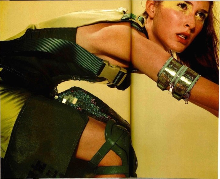 Dior evening dress in satin and lime green glitter PVC, L'Officiel Sept 1999