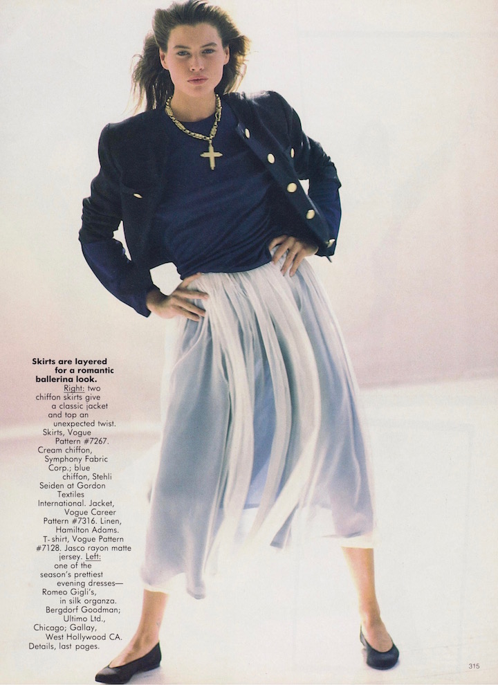 "Sheer Effects" Vogue Dec 1988 7267 skirt, 7316 jacket, 7128 top (1988). Skirts are layered for a romantic ballerina look. Two chiffon skirts give a classic jacket and top an unexpected twist. Skirts, Vogue Pattern no. 7267. Cream chiffon, Symphony Fabric Corp.; blue chiffon, Stehli Seiden at Gordon Textiles International. Jacket, Vogue Career Pattern no. 7316. Linen, Hamilton Adams. T-shirt, Vogue Pattern no. 7128. Jasco rayon matte jersey.