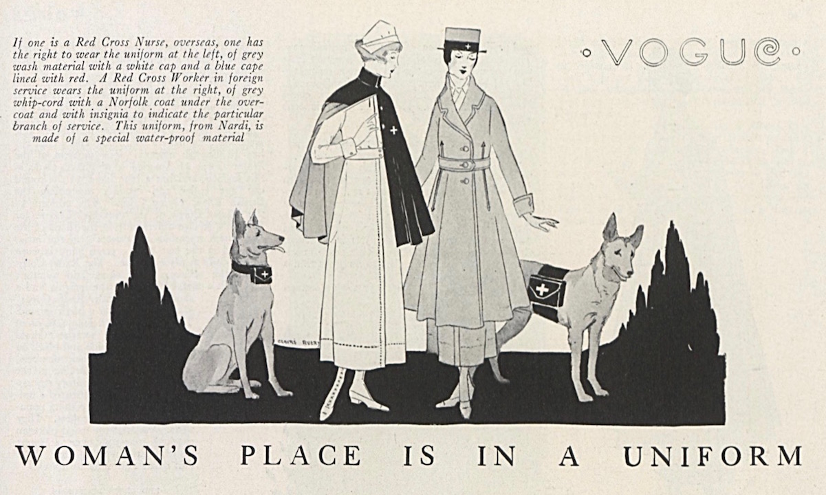 Claire Avery WW1 illustration: Woman's Place is in a Uniform, Vogue, July 1918