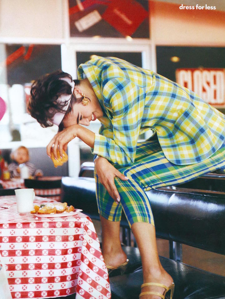 "Fit to Print," Vogue March 1991. The suit of the younger generation, leggings and a jacket, gets a boost from bright plaids. Double-faced wool jacket, about $75. Vogue Pattern 2626. Fabric from Felsen Fabrics, NYC. Silk and Lycra leggings, about $30. Vogue Pattern 7733. Fabric from B&J Fabrics, NYC.