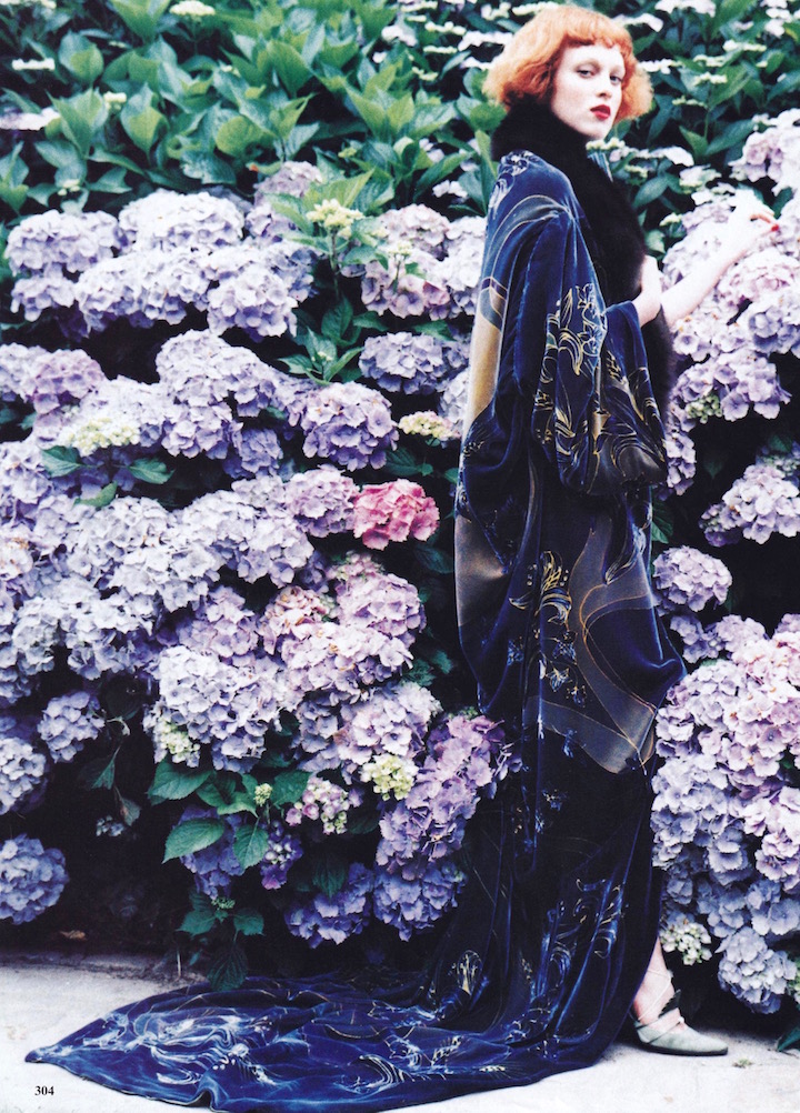 Hand-painted couture coat in hammered velvet with fur collar. Karen Elson photographed by Elen von Unwerth in Fall 1997 Dior couture by John Galliano ("A Poetic Tribute to the Marchesa Casati"