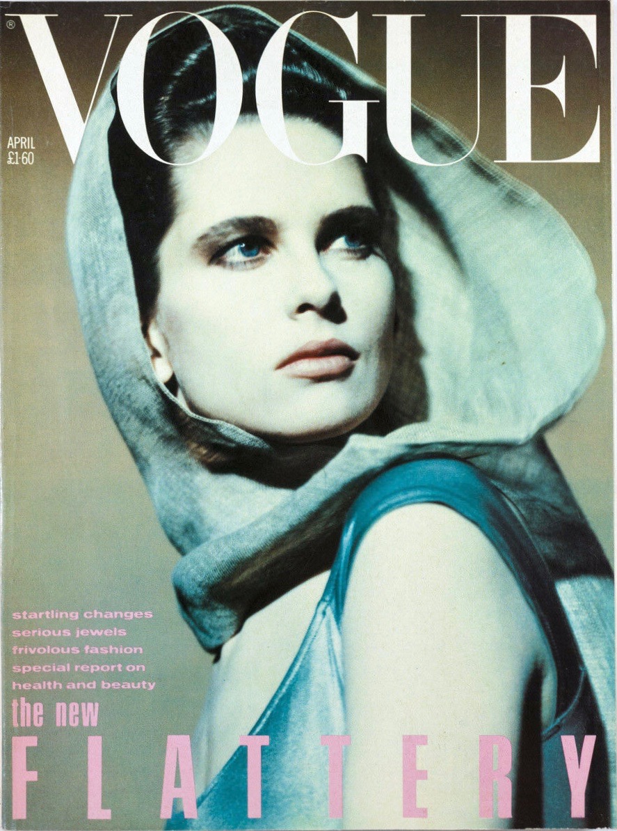 Elisabetta Ramella photographed by Paolo Roversi in a linen hood by Issey Miyake and Norma Kamali swimsuit for the cover of Vogue UK, April 1984 (swimwear editorial "Divers New Looks")