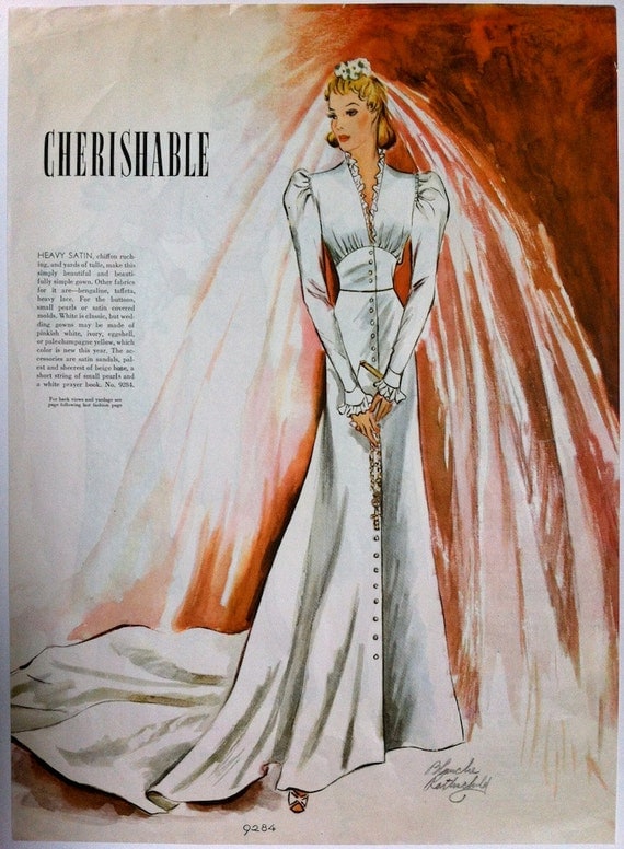 "Cherishable" - 1930s Blanche Rothschild illustration of a bridal gown, McCall 9284 circa June 1937