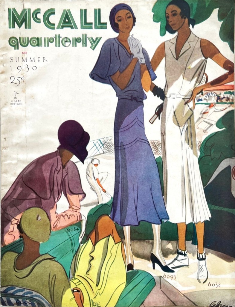Colour illustration of four spectators at a tennis match - cover of McCall Quarterly for Summer 1930 signed (Rico) Lebrun. Clockwise from centre, McCall 6084, 6093, 6038, and 6066 at bottom left. (Slight offset to cover.)