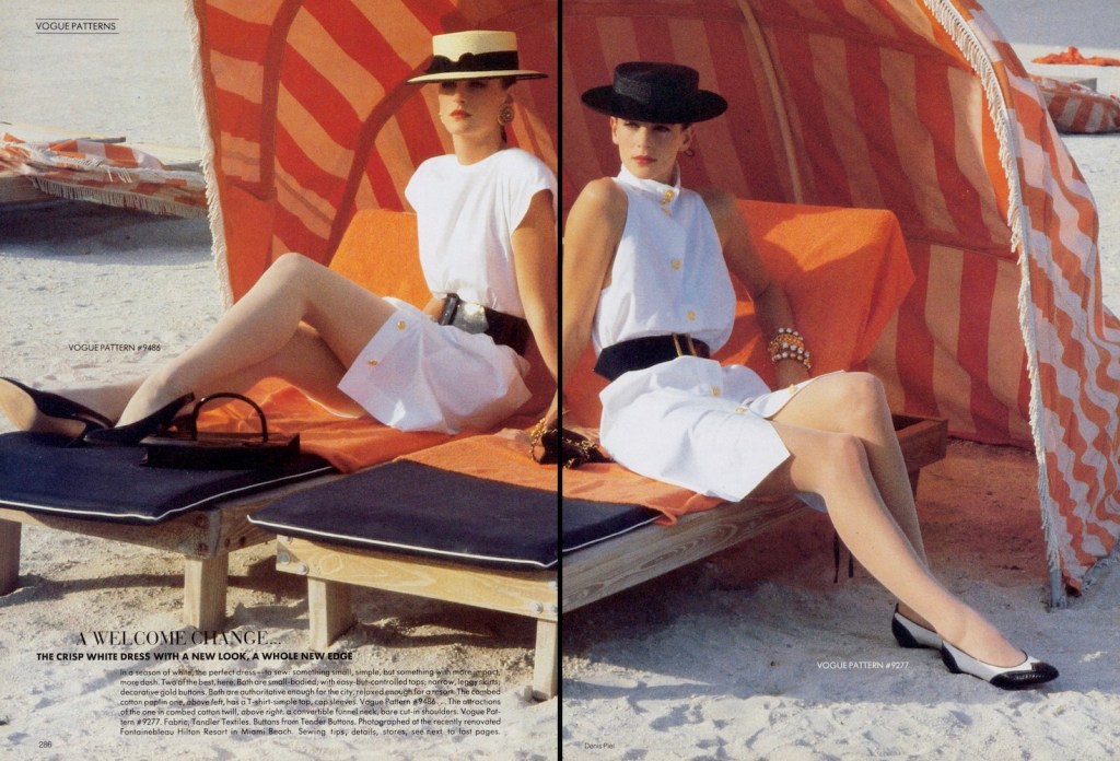 "The crisp white dress with a new look, a whole new edge": Vogue 9486 and 9277 photographed Denis Piel in Vogue, April 1986