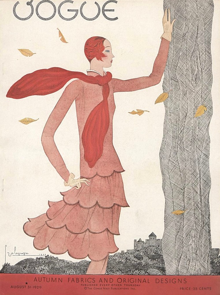 UNITED STATES - AUGUST 31 [1929]: Illustration of a woman in orange, scalloped, tiered dress with her hand on a tree and scarf and leaves blowing in the wind, a château in the distance