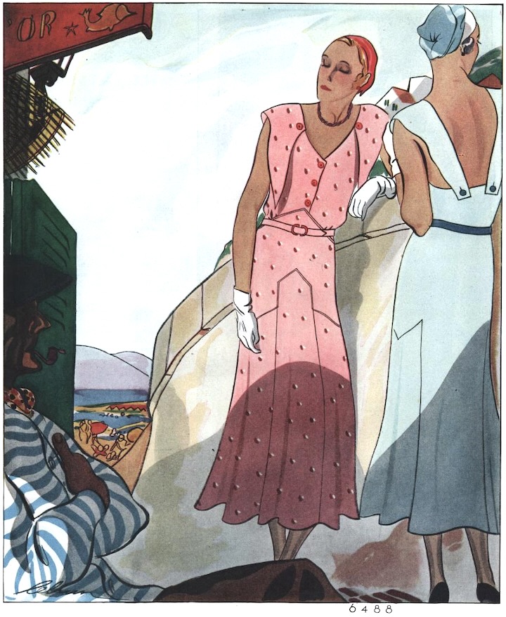 Fashion illustration of two women in sundresses (McCall pattern 6488), with an old man in a cap and striped shirt seated in left foreground, signed lebrun