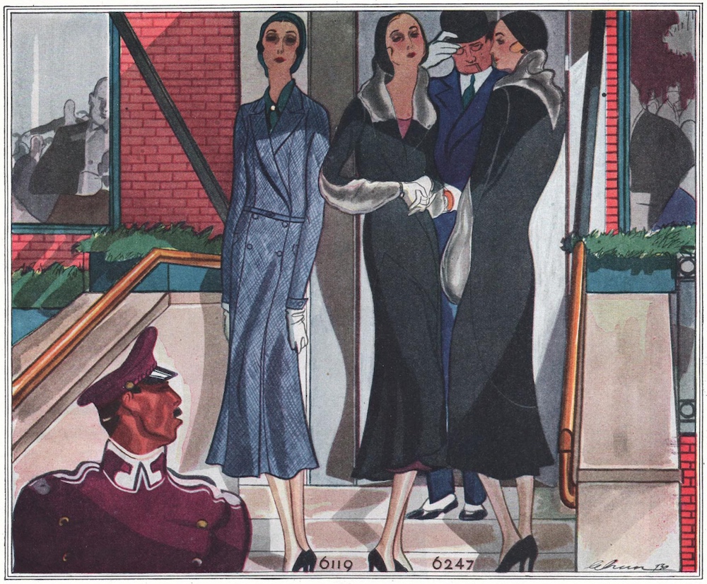 Colour illustration of three women leaving a building with a uniformed chauffeur in the foreground, showing two 1930 fall patterns, McCall 6119 and McCall 6247