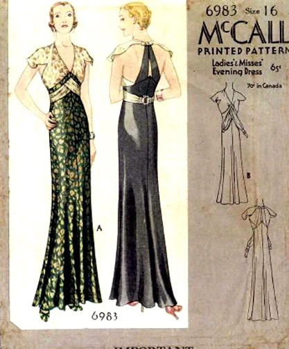 Pattern envelope front with a colour illustration showing front and back views of a 1930s evening gown. Text reads 6983 Size 16, McCALL PRINTED PATTERN, Ladies & Misses' Evening Dress, 65¢, 70¢ in Canada