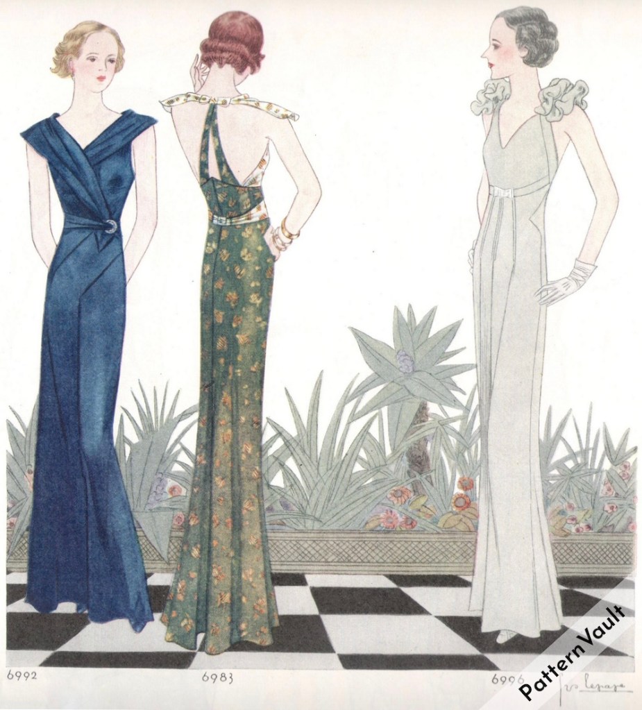 Art Deco fashion illustration of three models in evening gowns, including the middle model showing the back décolletage