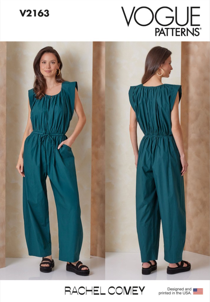 Digital VOGUE PATTERNS envelope image showing front / back views of a model in a dark teal jumpsuit, V2163 by Rachel Comey, and American flag icon with text, Designed and printed in the USA.