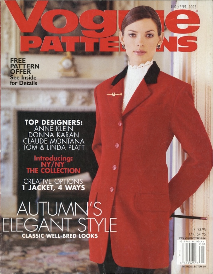 Autumn's Elegant Style: a red riding jacket with contrast collar, Vogue 1820 by Richard Tyler for Anne Klein, on the cover of Vogue Patterns magazine, August/September 2002